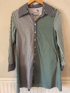 Addison Bay Bloom Navy & Green Striped Button-Front Dress Flexible Szing